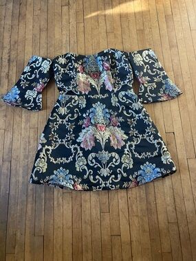 LPA Black Off-Shoulder Mini Dress with Multicolor Floral Jacquard